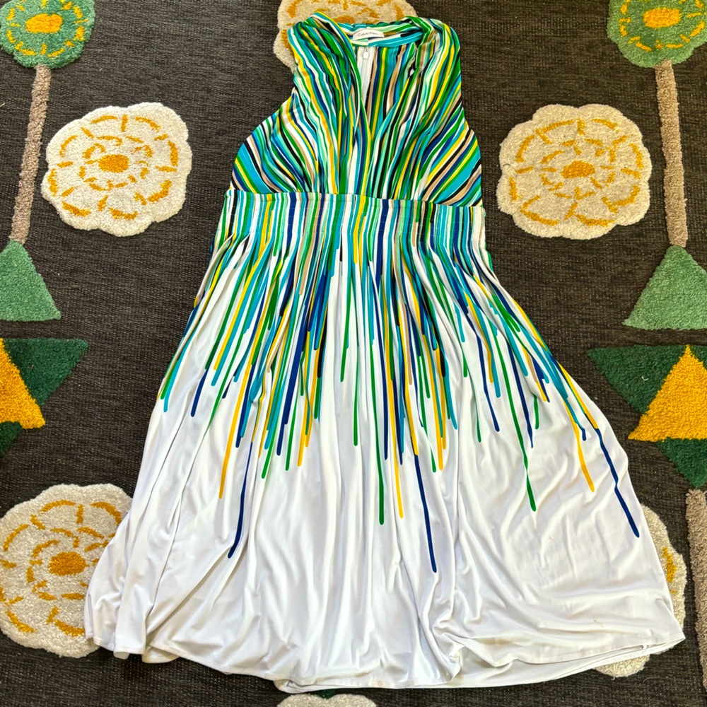 Calvin Klein green/blue/yellow striped/dripped printed white dress